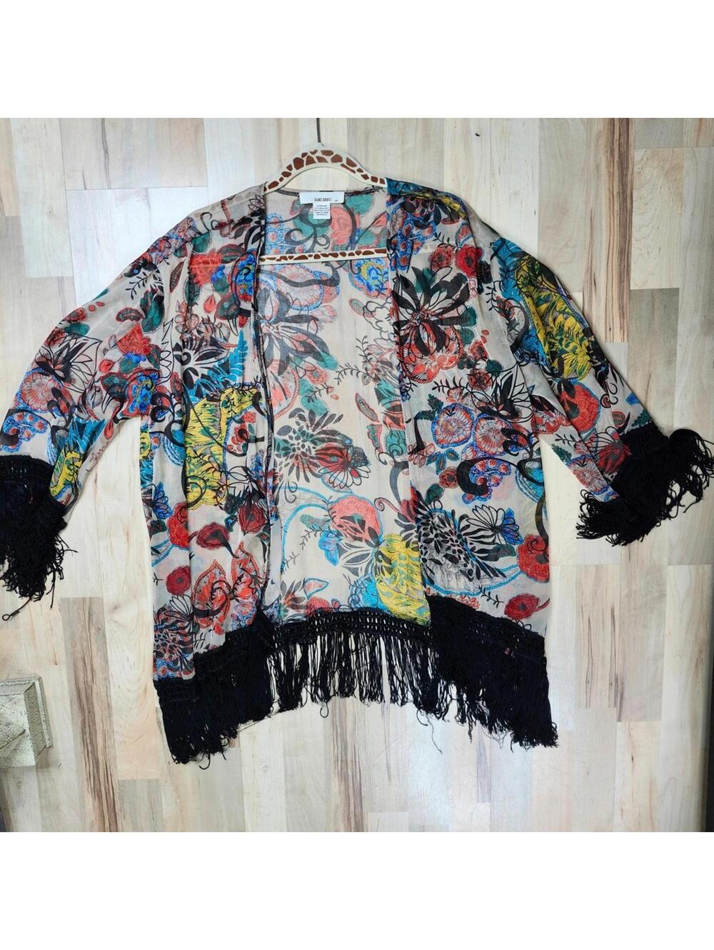 Sans Souci Floral Kimono Fringe Trim Open Front Bohemian Cover Up Medium
